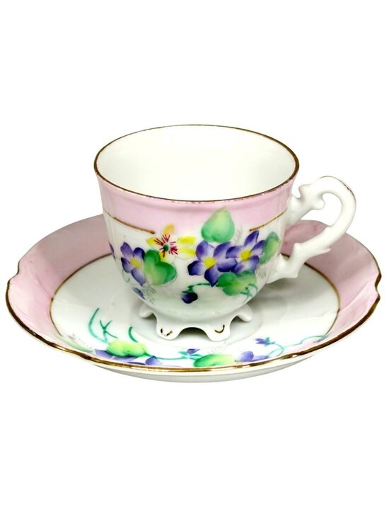Hal-Sey Other - Hal-Sey Fifth Ave Violets Teacup & Saucer Footed Pink Rim Gold Trim Vintage